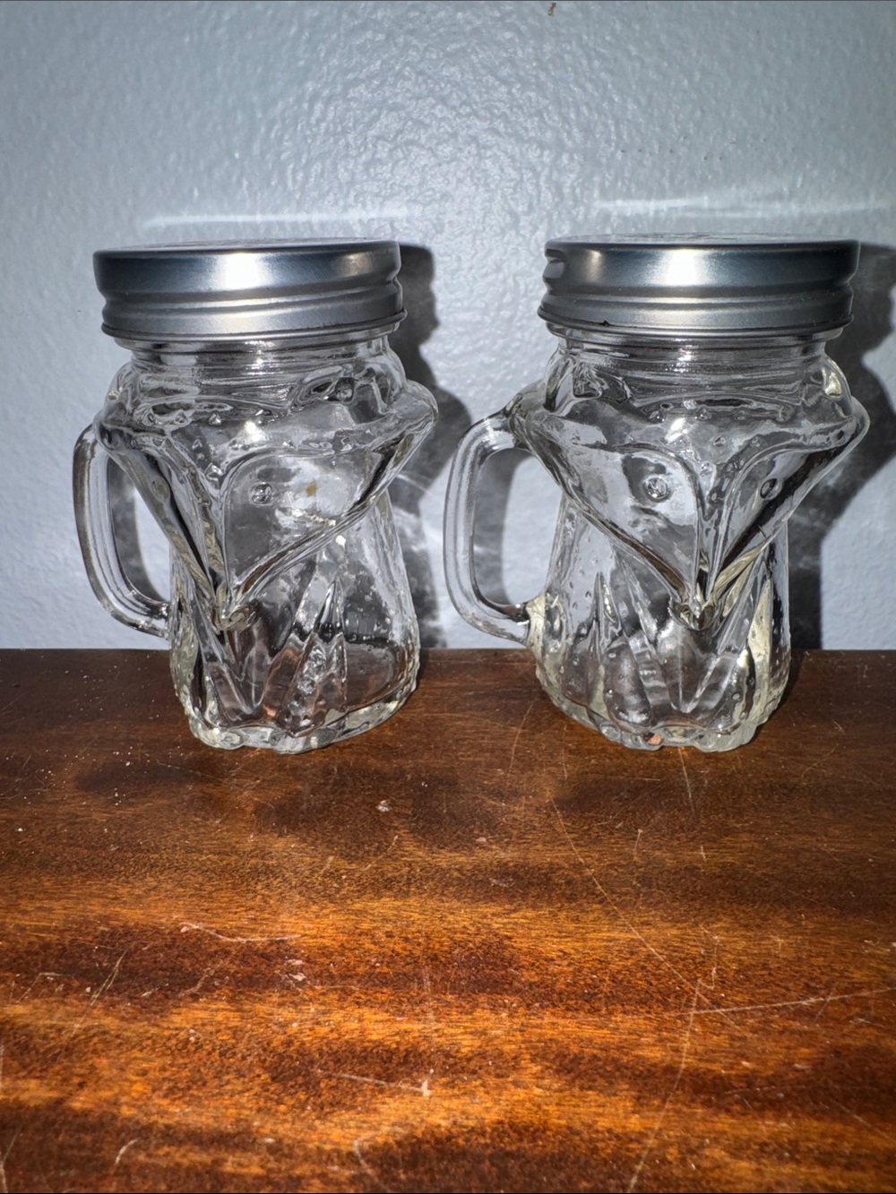 FOX Shaped Glass Mason Jar Salt and Pepper Shakers Handles Screw Lids